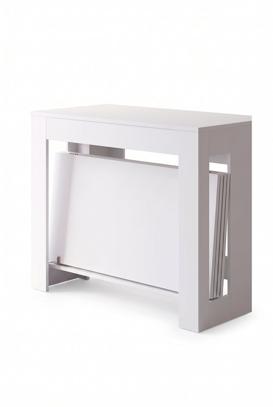 Console extensible blanche 60 à 180 cm, plateau 85 cm, sur fond blanc