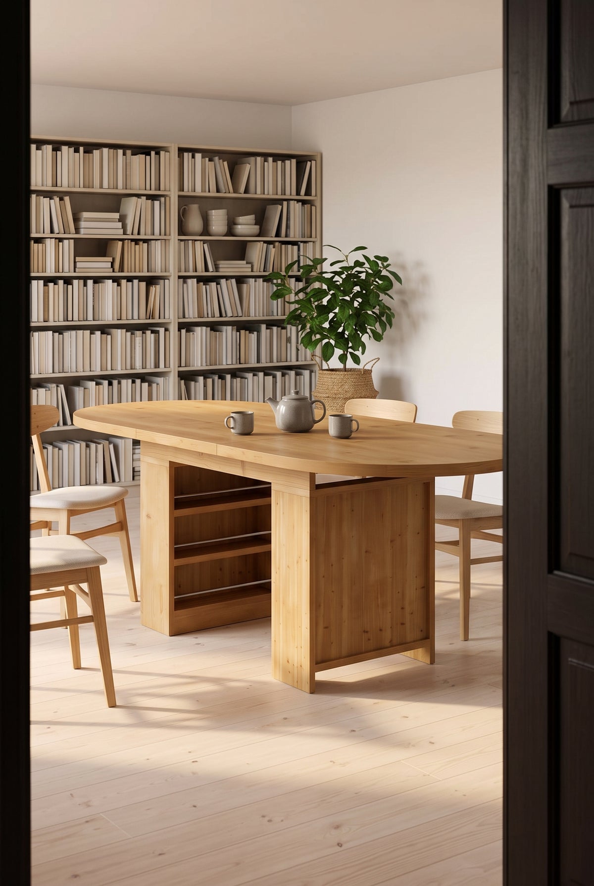 Table à manger extensible ovale 150 à 200 cm, rallonge intégrée, en situation