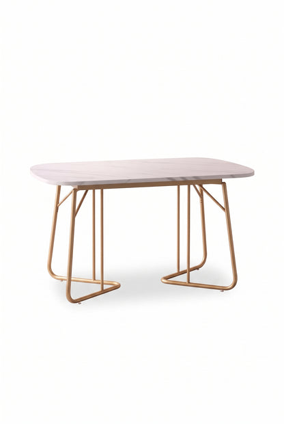Table à manger extensible effet marbre 140 à 180 cm, pieds dorés, sur fond blanc